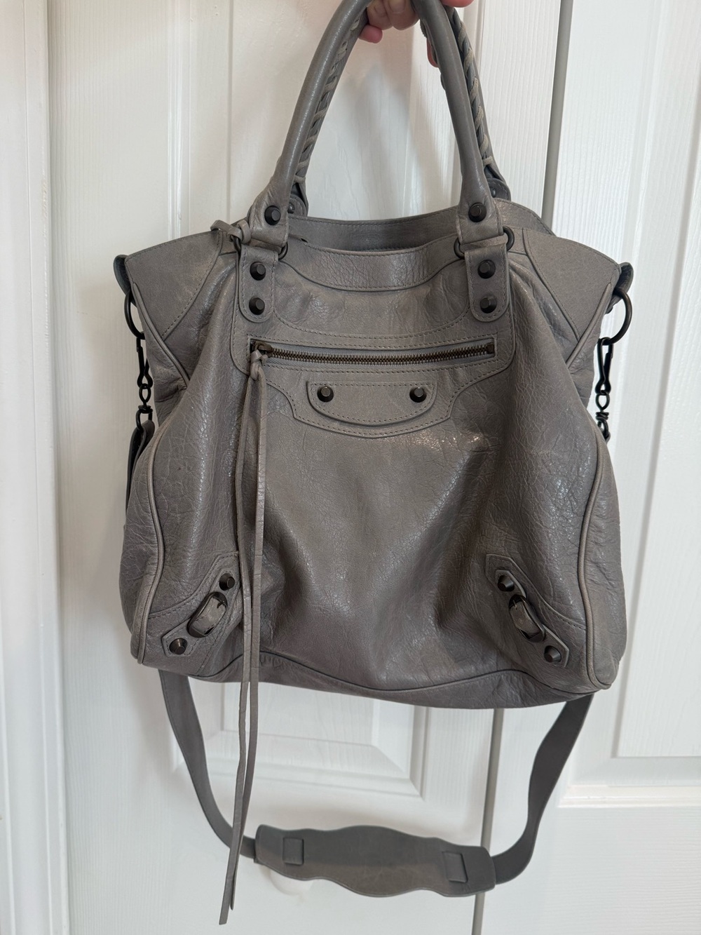Balenciaga Velo Gray Leather Shoulder Bag with Top Handles